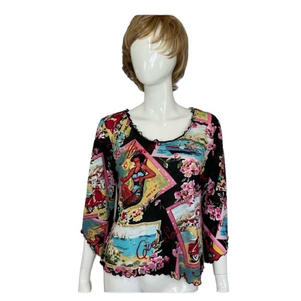 Haven Bleu Y2K Hawaii Print Rhinestones 3/4 Sleeve Pullover Top XL